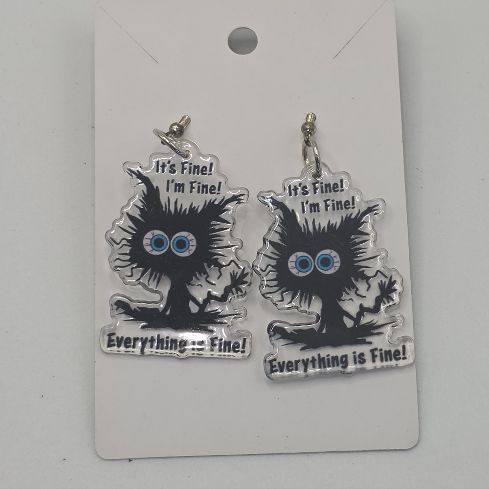 I'm Fine Cat HypoAllergenic Handmade Marvel Enamel Charm Earrings‎ Stress Kitty